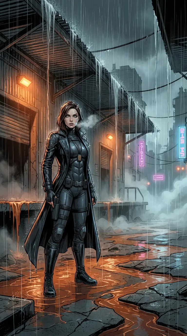 Detective Vera Kade standing in rain-soaked transport station