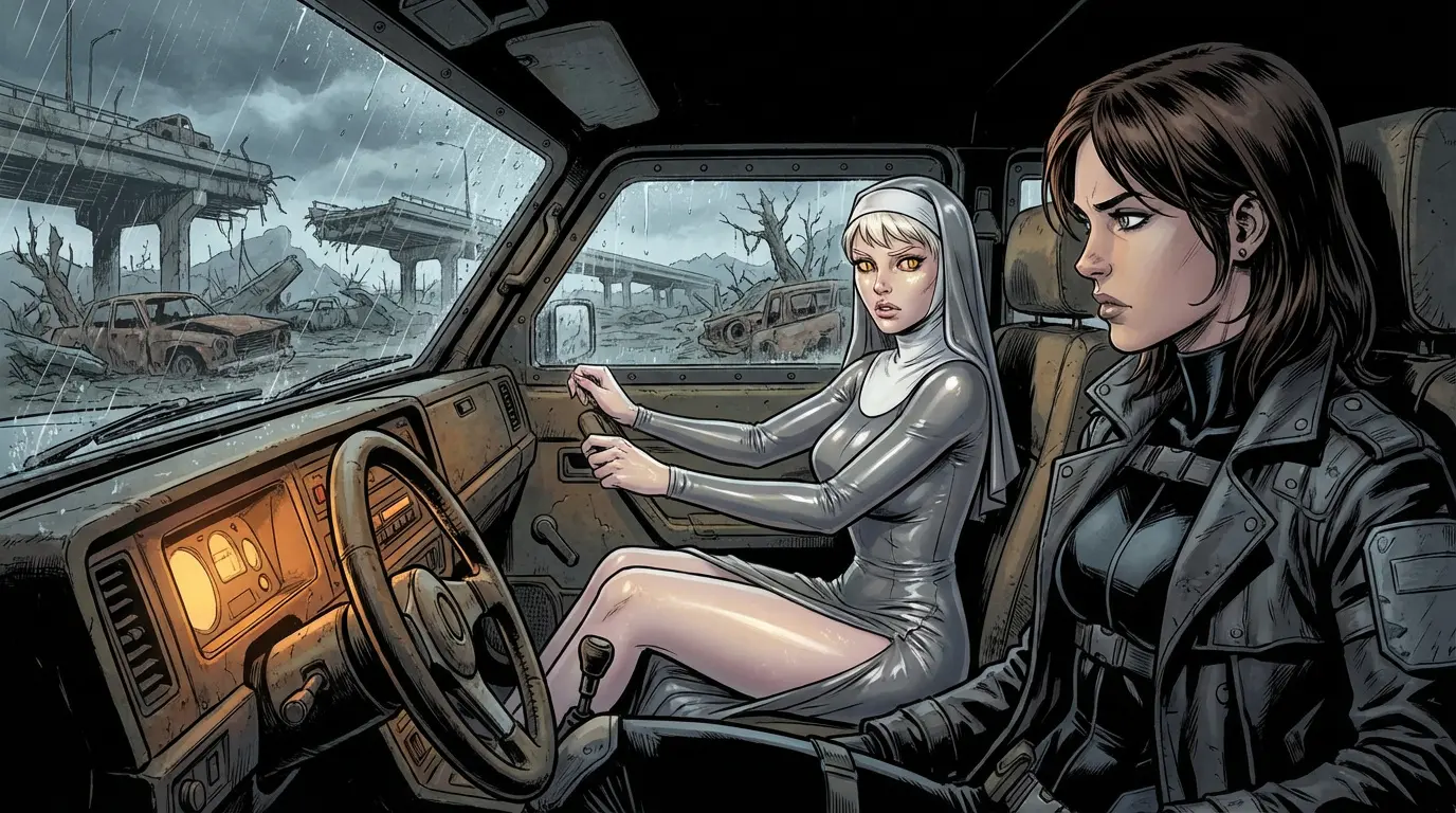 Sister Vera drives the armored transport through the wasteland
