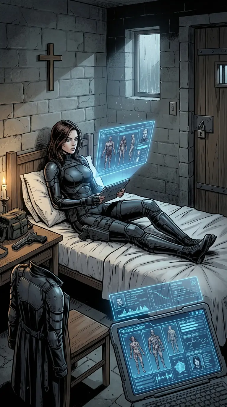 Vera Kade alone in her sparse quarters