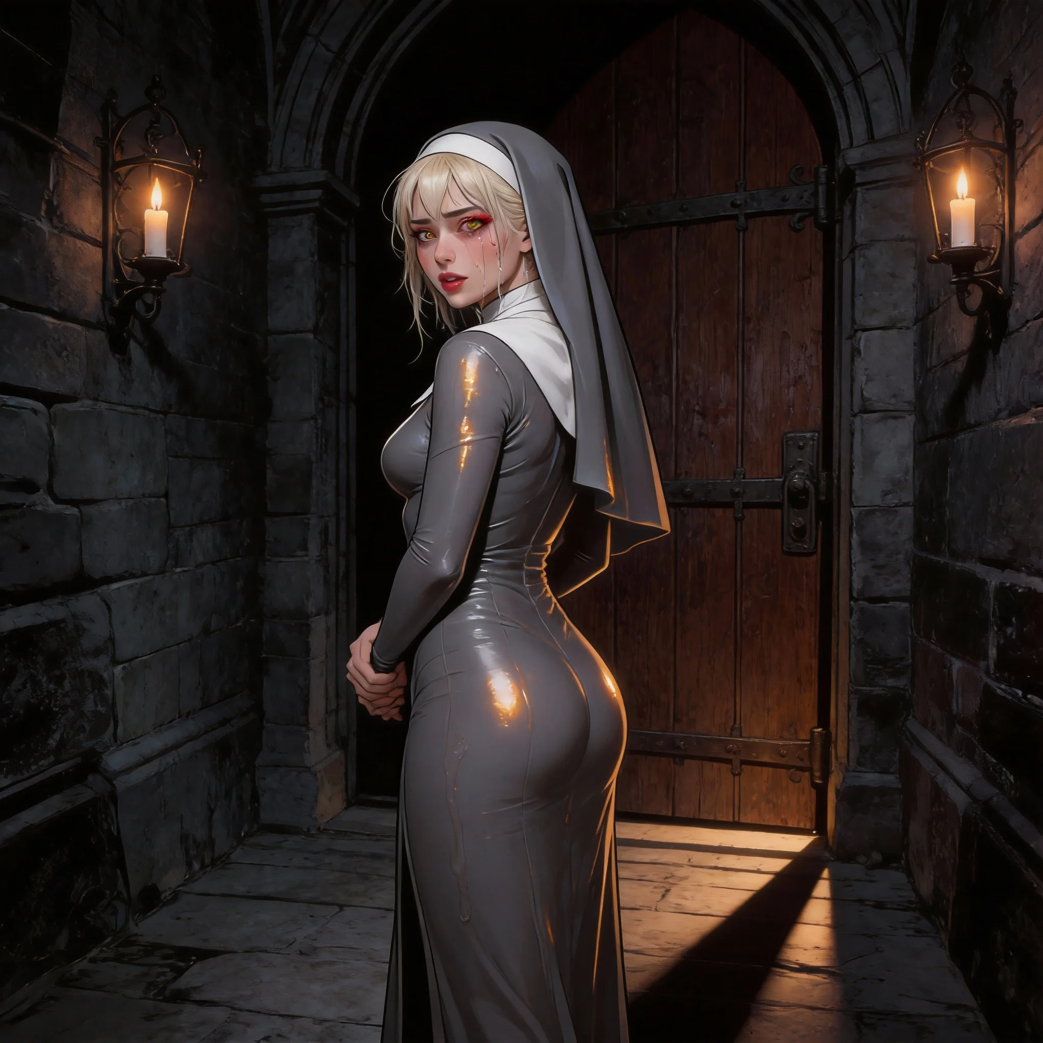 Sister Vera stands in the hallway, eyes red-rimmed from crying