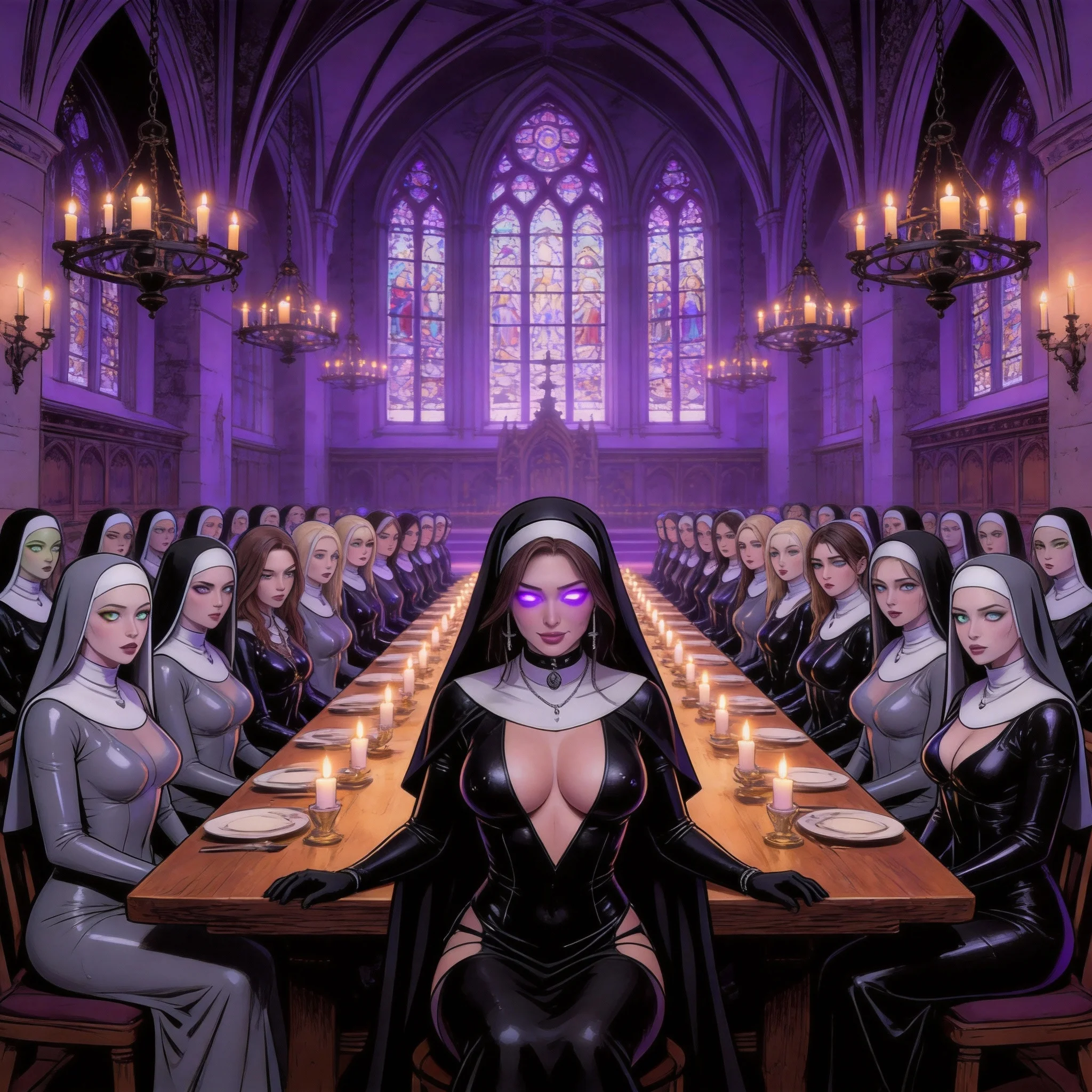 The Gothic refectory filled with Sisters in latex habits