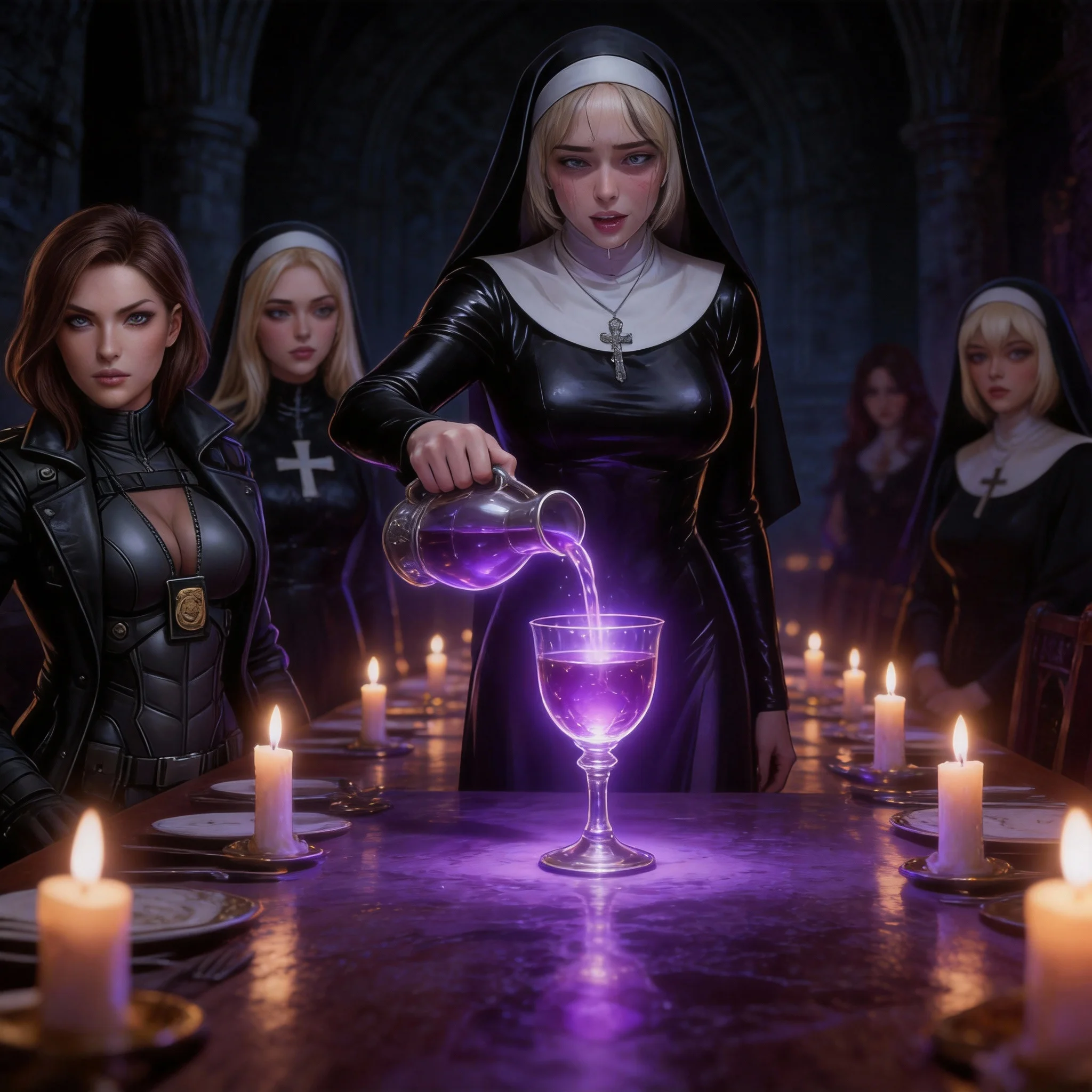 Sister Beatrice pours the glowing purple sacramental wine