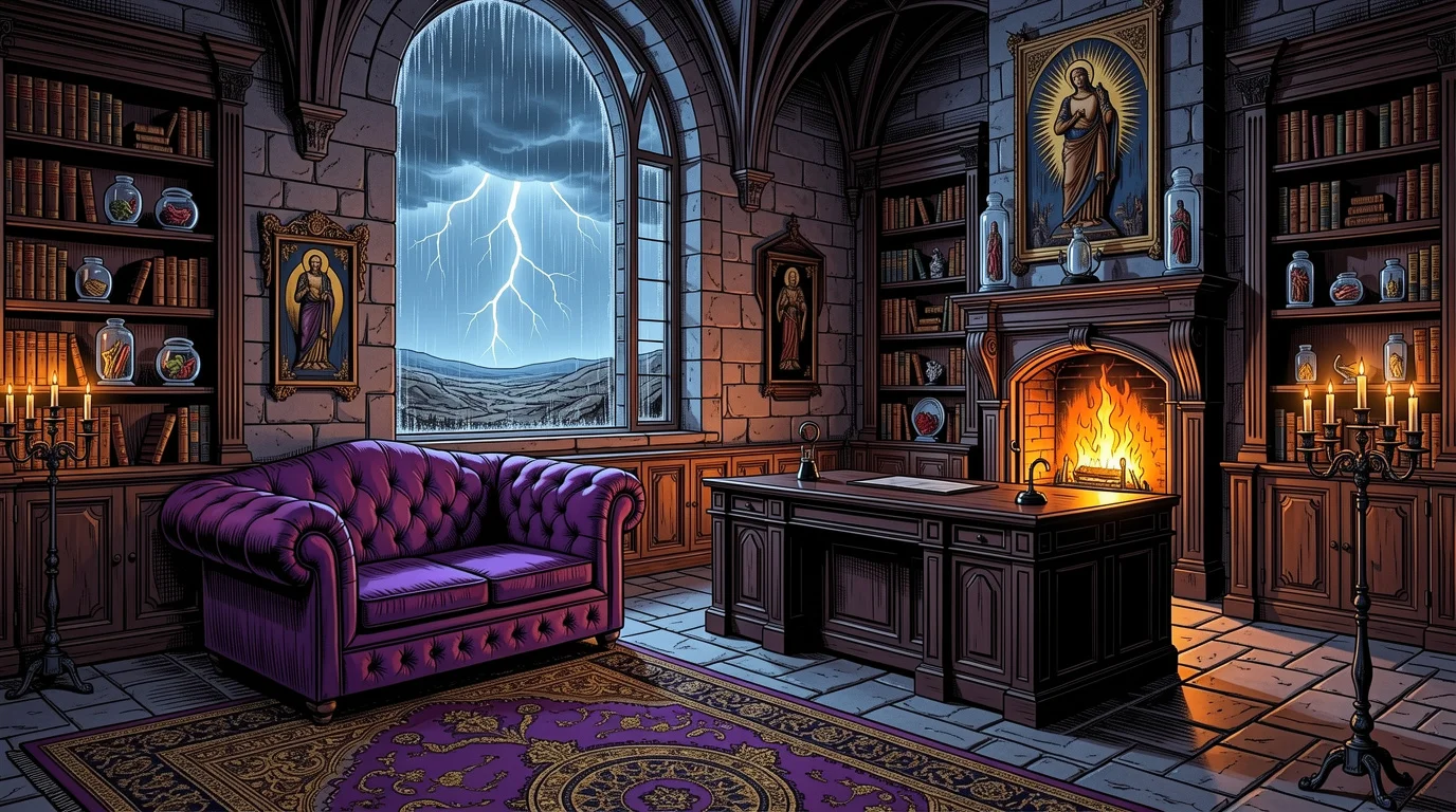 Mother Celestine's luxurious study with purple velvet couch
