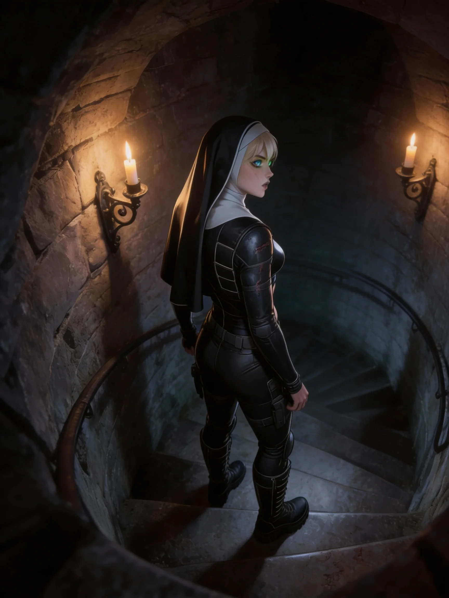 Sister Dominique's scarred face in the dark stairwell