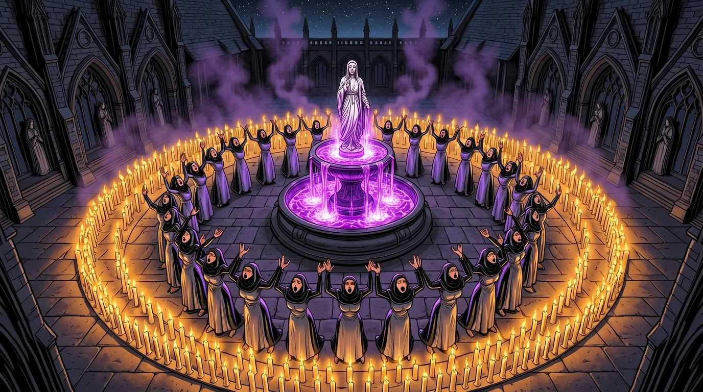 The candlelit courtyard prepared for the midnight ritual